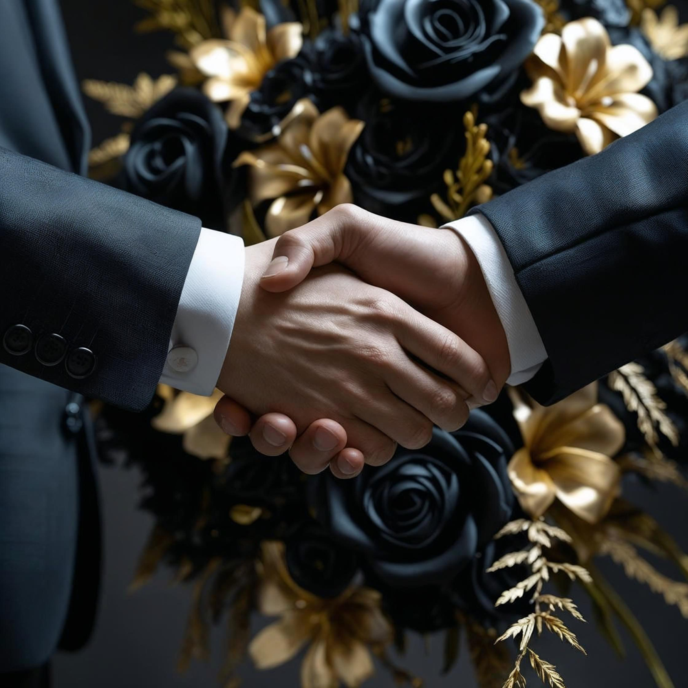 Hands Shaking with Black and Gold Flowers behind it for VIP Funeral Funding